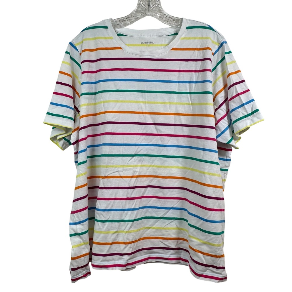Lands End Womens 1X 16W-18W Rainbow Striped Cotton Short Sleeve T-Shirt White